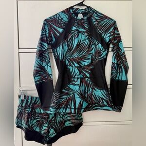 Lululemon rash guard Suns Out set Palm Lace Tofino Teal